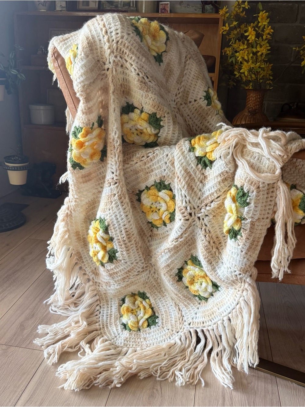 Cream & Yellow Floral Crochet Throw Blanket - Cozy Decorative Accent